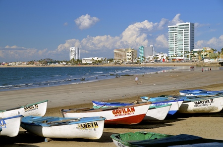 Mazatlan, Mexico, January 29, 2017: Private owned fishing boats are pulled up on the Malecon Mazatlan shoreline which is controlled by the city port authority.のeditorial素材