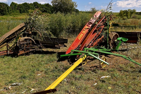 ROLLAG, MINNESOTA, Sept 2. 2017: An old John Deere  horse pulled corn picker is displayed at the...