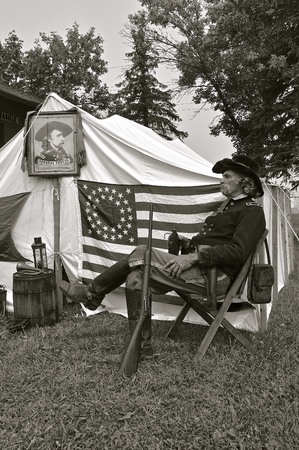 WEST FARGO, NORTH DAKOTA, August 17, 2018: Pioneer Days are celebrated annually the 3rd weekend of August at Bonanzaville featuring exhibits and history of yesterday including a General George A. Custer look-alike.(black and white)のeditorial素材