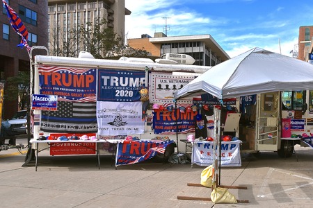 ROCHESTER, MINNESOTA, October 4, 2018:  The political banners on a motor home are displayed at the President Trump rally in Rochester at the Civic Center.のeditorial素材