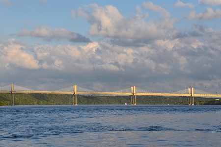 A distant scene of the St. Croix Crossing, an   etxradosed bridge which connects Wisconsin to Minnesota.の写真素材
