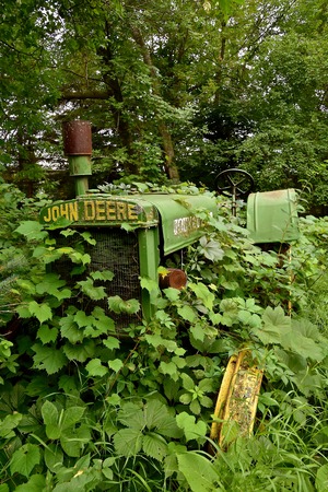 LOWRY, MINNESOTA,  July 28, 2019: The old D John Deere tractor buried with foliage iis a product of John Deere Co, an American corporation that manufactures agricultural and construction equipment, drive trains, and transmission.のeditorial素材