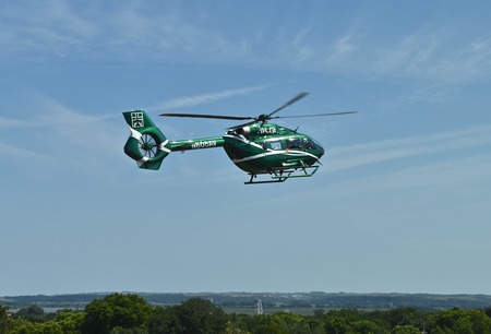 YANKTON, SOUTH DAKOTA, August 19, 2019: The arriving Avera helicopter belongs to Avera Health, a regional health system based in Sioux Falls, S.D., comprising more than 300 locations of the Midwest.のeditorial素材