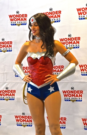 FARGO, NORTH DAKOTA, June 27, 2019: The inaugural Wonder Woman Race Series begins at the Fargo Civic Auditorium with the Wonder Woman posing for the activities.のeditorial素材