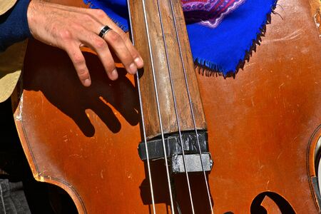 A closeup of a musician is playing the bass instrument.の写真素材