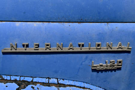 LAKE PARK, MINNESOTA July 29, 2020; The old blue International pickup Series L-120 is a product of the International Harvester Company which was a United States manufacturer of agricultural machinery,のeditorial素材
