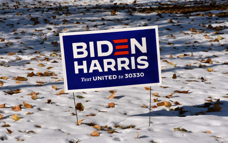 MOORHEAD, MINNESOTA, October 25, 2020: The Biden Harris sign in the snow bank represents the...