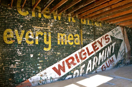 FARGO, NORTH DAKOTA, October 29, 2020: The 100 year old ad painted on a wall represents Wrigley...