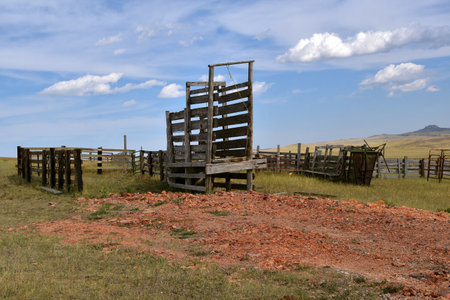 A cattle chute remains in front of an old wooden western corralの写真素材