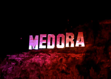 MEDORA, NORTH DAKOTA, August 17, 2020: The MEDORA sign home of the evening western musical located...