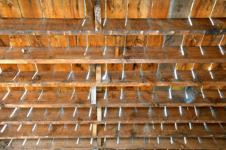 Light streams through the cracks of the  above flooring in an old warehouse.