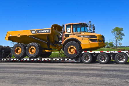 JAMESTOWN, NORTH DAKOTA, August 17,2020:  The construction truck is a product of VOLVO, created ...