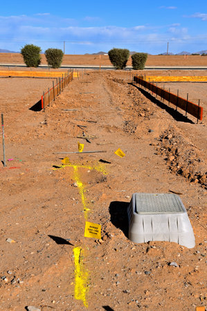 A lot for a future housing project is plotted and flags indicating gas line.の写真素材