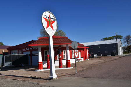 COLTON, SOUTH DAKOTA, May 10, 221: Founded in Beaumont, Texas, in 1902, the Texaco sign represents the now oil brand  merged into the Chevron Corporation and also had Havolin oil.のeditorial素材