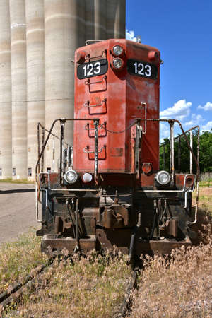An older diesel locomotive is left in the weed near an concrete grain soils.の写真素材