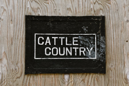 An old stenciled sign on a sheet of plywood indicates "CATTLE COUNTRY"の写真素材