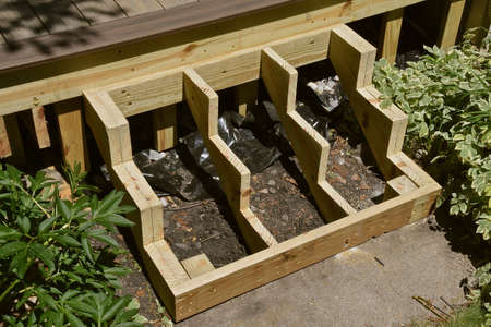 The steps of a new composite deck are in the process of being built.の写真素材