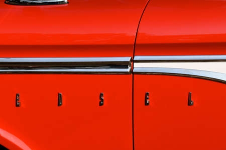 BISMARCK, NORTH DAKOTA, August 47 2021: The Capital A`Fair in Bismarck features the `Fords and Mustangs` car show where this restored classic Edsel (logo) is displayedのeditorial素材