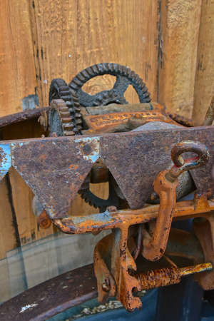 NECHE, NORTH DAKOTA, August 10, 2021:  The old rusty hay sickle bar sharpener is a product of MCCORMICK DEERING   Co, founded in 1974 by William Deering.のeditorial素材