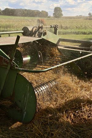 Dust is flying in the air as straw is entering into a baler.