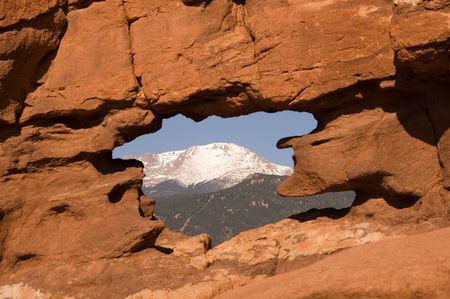 Pike's Peak naturally framed in the Siamese Twins Rock Formationの写真素材