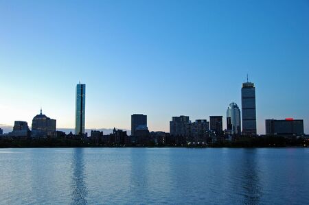 City Skyline of Boston, MA from the BU Boat House in Cambridgeの写真素材