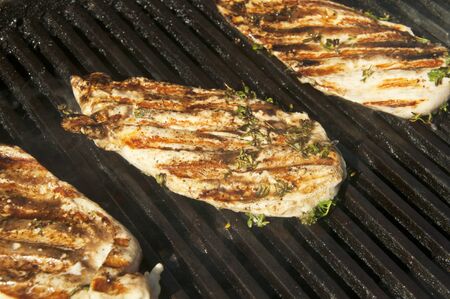 Chicken breasts with herbs salt and pepper on the grillの写真素材