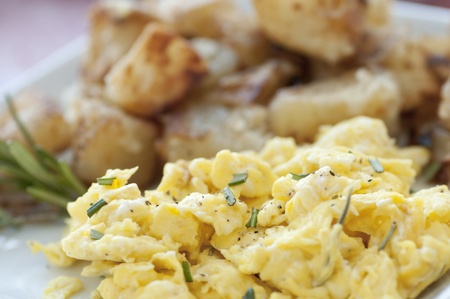 Scrambled eggs and potatoes with rosemary on white plateの写真素材
