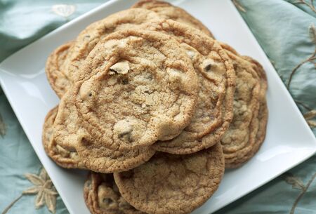 White square plate of fresh baked chocolate chip cookies