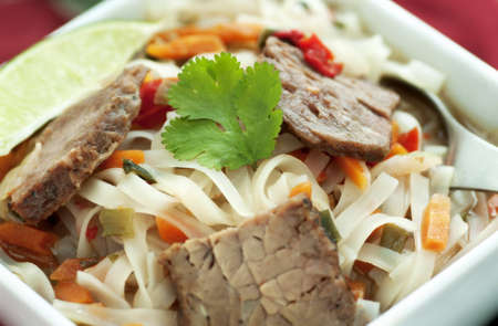 Hot Asian inspired noodle soup with spicy beef and vegetables