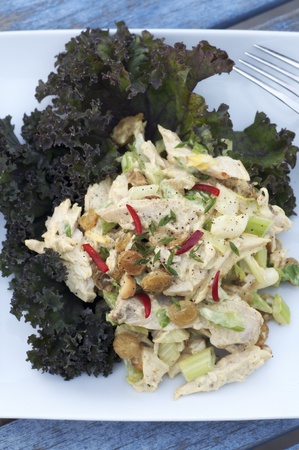 Fresh homemade grilled chicken breast salad with curry sauce and fruitの写真素材