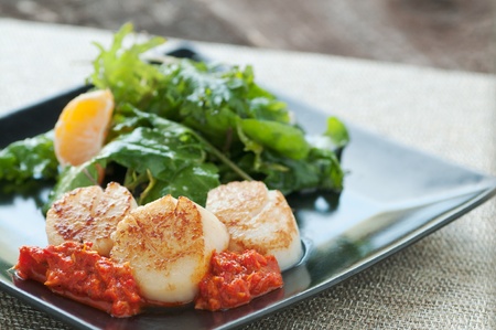 Fresh seafood dish on sauteed greens and red pepper sauceの写真素材