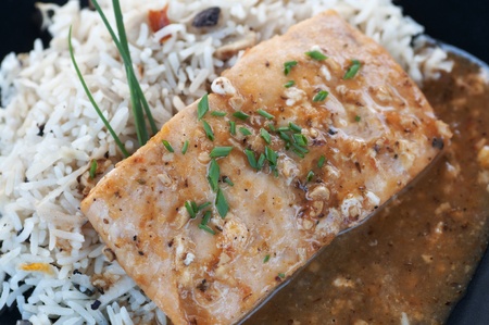 Fresh salmon with Thai jasmine rice and spicy sauce