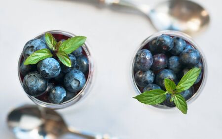 Fresh plump blueberry yogurt parfait with mintの写真素材