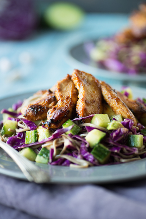 Cold Thai Chicken Cabbage Salad with Sobaの写真素材