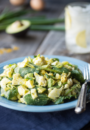 Egg salad with fresh cauliflower and curry vinaigretteの写真素材