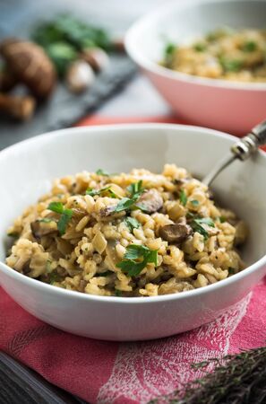 Delicious mushroom risotto with thyme and parsley garnishの写真素材