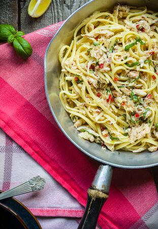 Classic linguini with fresh clam sauce and basilの写真素材