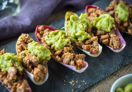 Spicy ground turkey boats with guacamole in radicchioの写真素材