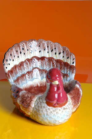 a ceramic turkey bowl for nuts and snacks on thanksgivingの写真素材