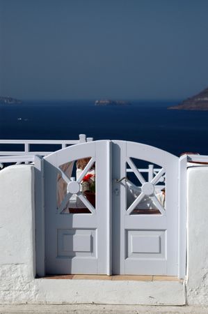 greek island view gateway to peaceful scene over seaの写真素材