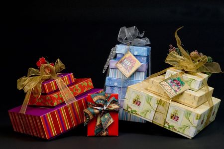 beautifully wrapped and stacked with ribbons and bow and crystalsの写真素材