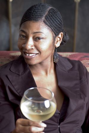 beautiful black women great smile glass of wineの写真素材