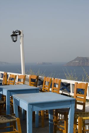 santorini greek islands taverna restaurant with sea veiwの写真素材