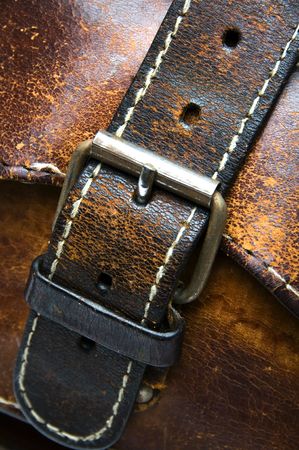 buckle detail old worn hand made leather bag produced athens greeceの写真素材