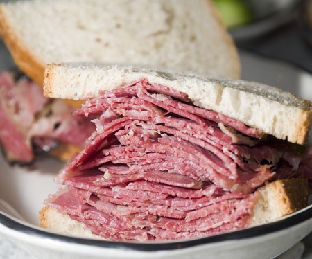 corned beef pastrami side by side sandwich rye bread kosher jewish delicatessen new yorkの写真素材