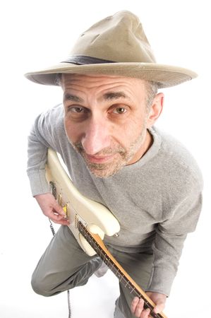 aging baby-boomer old senior man musician playing guitar   hat