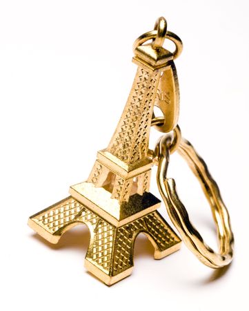souvenir key chain of mini eiffel tower in gold from paris franceの写真素材
