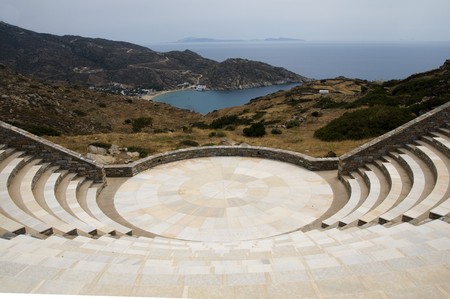 modern amphitheater overlooking the Aegean Sea and Milopotas beach on Cyclades Island of Ios Greece