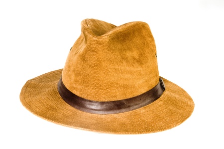 fedora style hat made from suede on white backgroundの写真素材